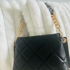 Quilted Black Shoulder Bag with Gold Chain Strap